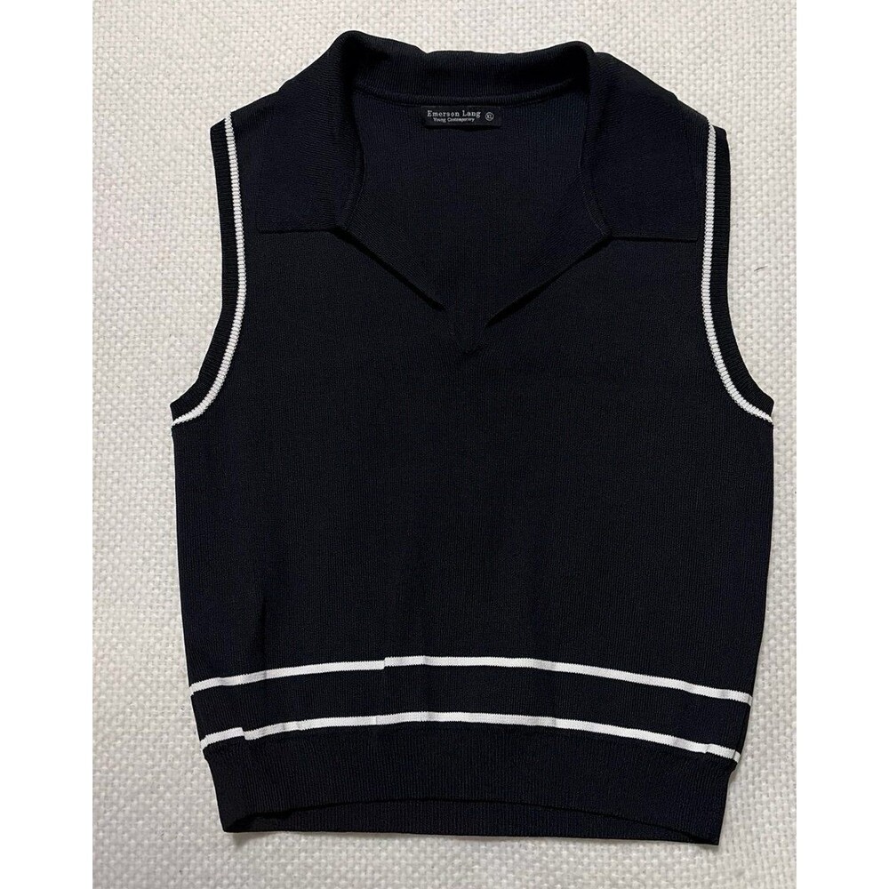 Emerson Lang Young Contemporary Sweater Vest XL Black White Trim Preppy